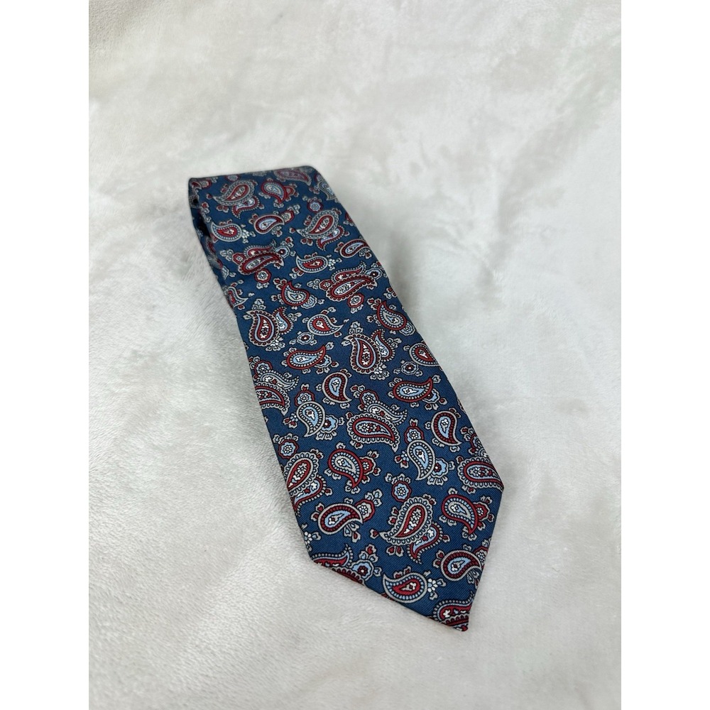 Vintage Tattersall Men's Neck Tie - Blue Red White Paisley 100% Silk Classic